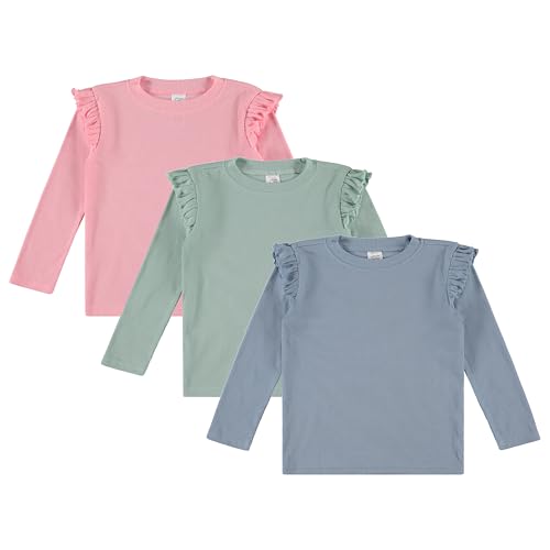 Cudlie 3-Pack Toddler Girls Ribbed Ruffle Tops – Stylish Long Sleeve Shirts for Kids –All-Day Comfort (12M-4T)