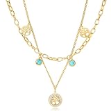 DAILY VIBES Collares en capas de oro para mujer, delicado ojo malvado, mariposa, árbol de la vida, collar con colgante de turquesa chapado en oro de 14 quilates, collar de cadena de acero inoxidable