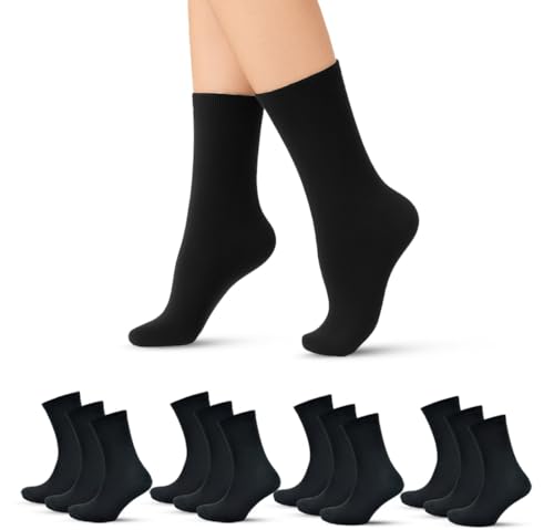 6 or 12 Pairs Black Crew Socks Women | Plain Design, Indoor/Outdoor Sports Socks, Running, Walking, Athletic Wear & Home Workout, Everyday Casual | Soft, Durable & Quick Drying Ladies Black Socks 4-8