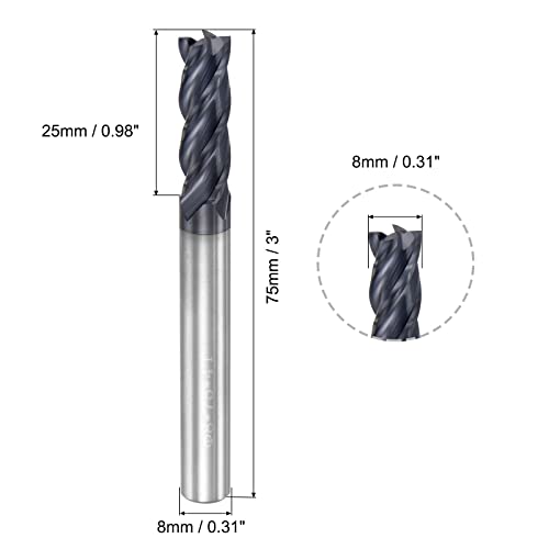Image of uxcell Square Nose End Mill, 8mm Tip Dia Solid Carbide AlTiN Coated CNC Router Bits 4 Flute Spiral Milling Cutter HRC45 with 8mm Shank 75mm (3-inch) Length