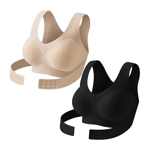 Lot de 2 Soutien Gorge sans Armature Correcteur de Posture Dos Femme Fermeture Devant Maintien Fort Brassière Sport sans Couture Invisible Push Up Élastique Confortable Posture (Black+Beige, XXL)
