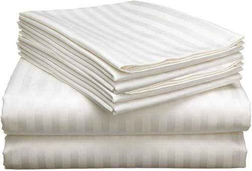 Mattress-Homes 6 Piece Queen Sheet Set, Hotel Luxury Collection, 100% Egyptian Cotton, 18 Inch Deep Pocket Fitted Sheet, Soft & Cool, Breathable Bedding with 4 Pillowcases in Ivory Stripe