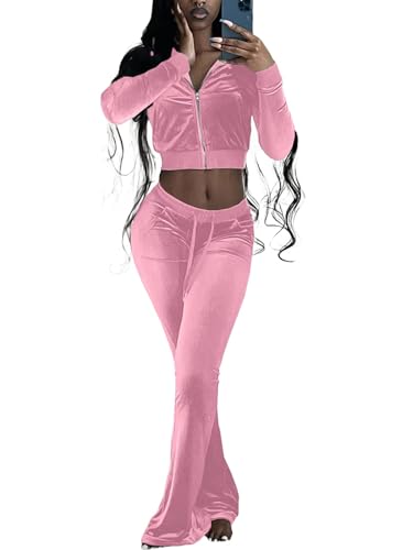 Chatinction Women's 2 Piece Outfit Velour Zip Up Crop Jacket and Bell Bottoms Long Pants with Pockets Tracksuit Set2