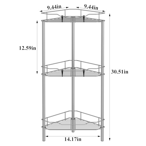 HuggieGems 3 Tier Floor Standing Corner Shower Caddy Organizer Shelf with Hooks, Bathroom Shelves Stand Rack, Gray
