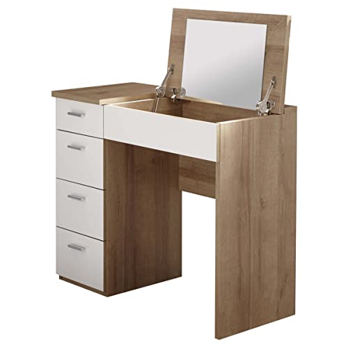 AltoBuy LYO - Coiffeuse 4 Tiroirs Blanche et Effet Chêne avec Miroir Cover