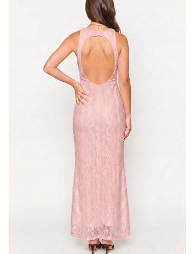 Image of Elegant Lace Floral V Neck Backless Bodycon Dresses for Women Sexy Cut Out Low Back Sleeveless Maxi Dress Wedding Guest