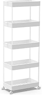 SPACEKEEPER Storage Trolley 5-Tier Storage Cart Slide Out Rolling Utility Cart Mobile Shelving Unit Trolley Organizer Cart for Kitchen Bathroom Laundry Office, Plastic & Stainless Steel, White