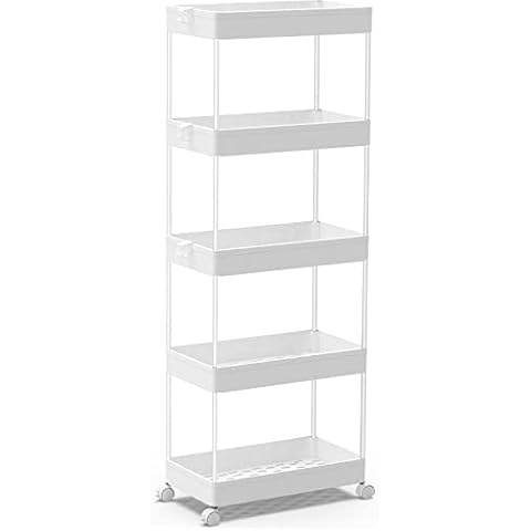 SPACEKEEPER Storage Trolley 5-Tier Storage Cart Slide Out Rolling Utility Cart Mobile Shelving Unit Trolley Organizer Cart for Kitchen Bathroom Laundry Office, Plastic & Stainless Steel, White Cover