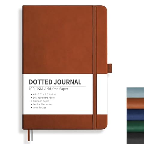 RETTACY Notatnik A5 w kropki - Bullet Dot Grid Journal z 192 stronami, 1 tylną kieszonką i wysokiej jakości twardą okładką dla artystów do pisania/rysowania, 14,5 x 21 cm - Brązowy