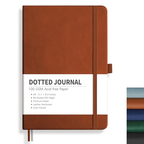 RETTACY Notatnik A5 w kropki - Bullet Dot Grid Journal z 192 stronami, 1 tylną kieszonką i wysokiej jakości twardą okładką dla artystów do pisania/rysowania, 14,5 x 21 cm - Brązowy