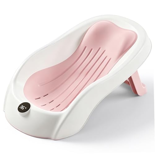 Baby Bath Support, Baby Bathtub with Digl Temperature Display & Drainage, Foldable Non-Slip Newborn Bathtub Seat for Infants, Style-1