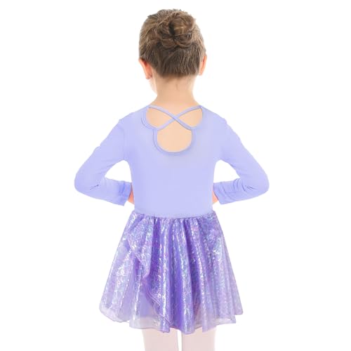 Girls' Long Sleeve Criss-Cross Back Dance Leotard with Dress Mouse Ear Cutout Back, Purple, 6Y2
