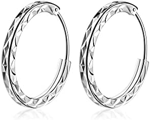 T400 Jewelers 925 Sterling Silver Diamond Cut Sleeper Small Large Hinged Hoop Earrings,Size:25 35 45 55 65mm