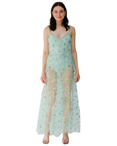 Women's See Through Tulle Maxi Dress Shiny Sequined Stars Spaghetti Strap Cover Up Dresses Festival Outfit Mint Green at Amazon Women's Clothing store Women's See Through Tulle Maxi Dress Shiny Sequined Stars Spaghetti Strap Cover Up Dresses Festival Outfit Mint Green at Amazon Women's Clothing store