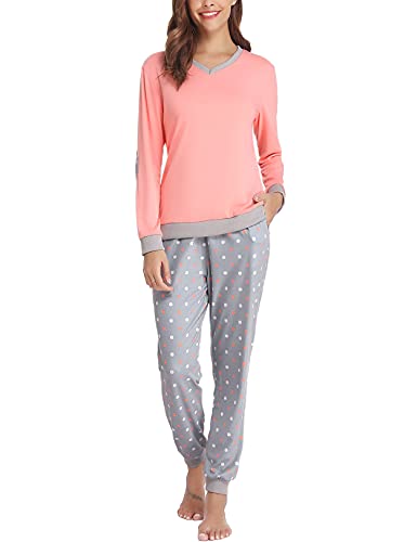 Irdcomps Schlafanzug Damen Winter Pyjamas Lang Baumwolle Zweiteilige Nachtwäsche Langarm Hausanzug Lange Pyjamashose mit Bündchen Taschen Rosa L