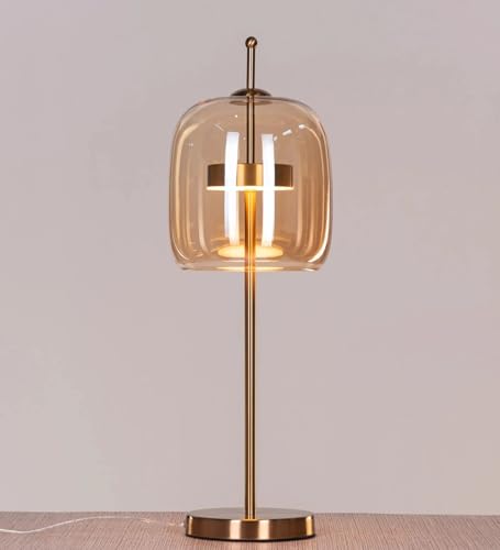 Image of Modern Amber Glass Table Lamp with 3-Color LED | Gold Metal Bedside Lamp for Living Room & Bedroom | Decorative Table Light for Home Decor