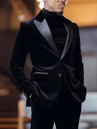 Men's Black Velvet Suit 2 Pieces One Button Peaked Lapel Blazer & Pants Slim Fit3