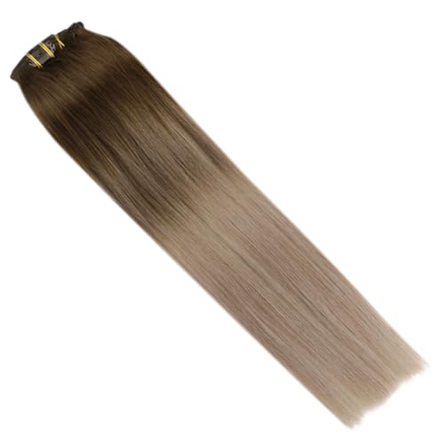 Image of Full Shine Clip in Real Hair Extensions, Medium Brown to Blonde, 18 Inch | Clip in Extensions Real Human Hair, Natural Blend, Adds Length, Silky Straight, Daily Styling, Heat Friendly, 120g 7 Pcs