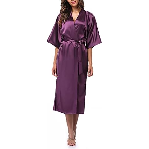 Witbuy Women Kimono Robe Lightweight Silk Robe for Women Satin Bathrobe Soft Nightwear Comfy Nightgown Bride Bridesmaid, Darkpurple Small Cover