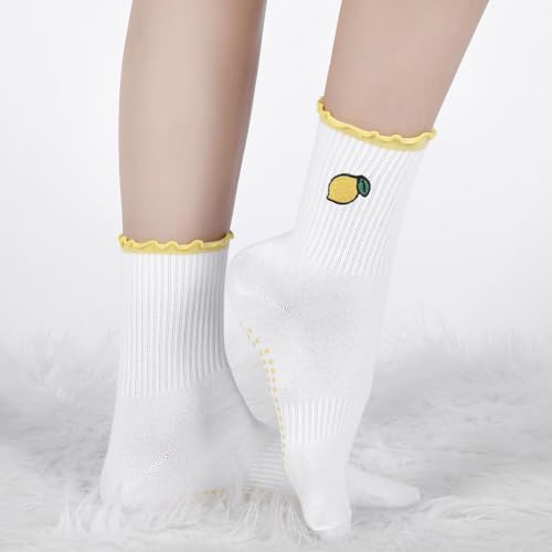 Image of Jeyiour Summer Cute Pilates Socks Women Bow Nonslip Ruffle Yoga Socks with Grip Barre Pilates Gift for Work Dance Fitness