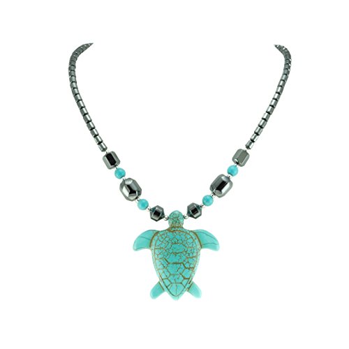 BlueRica Large Turquoise Sea Turtle on Hematite Beads Necklace