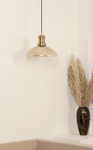 Image of Divine Trends Ribbed Golden Luster Glass Pendant Hanging Light with Antique Brass Finish | Hanging Lights for Living Room, Bedroom, Kitchen, Dining | Ceiling Lamp for Cafes, Restaurants Pack of 1