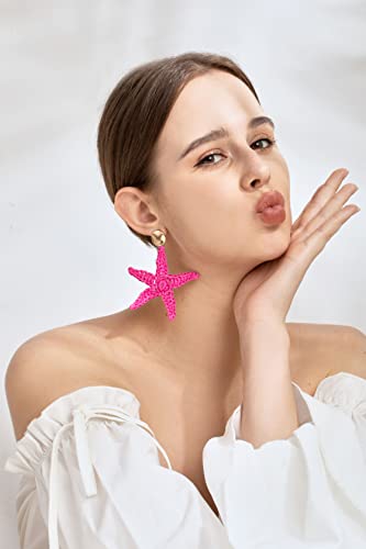 Statement Raffia Holiday Earrings For Women - Boho Drop Handmade Straw Earrings - Beach Starfish Earrings For Girls (Rose Red) #TOP2