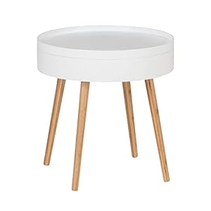 WENKO Table d’appoint Ronde avec Rangement, Bout de canapé Rond avec tiroir, Petite Table de Chevet étroite, Table de Rangement, Pied Bambou, MDF Blanc, Ø 49,5 x 51,5 cm