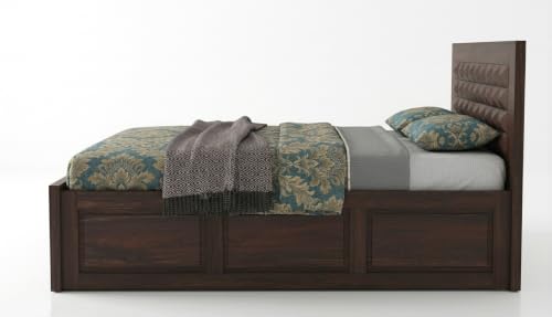 Image of Solid Sheesham Wood Single Size Bed with Storage|Wooden Box Single Size Cot Bed with Storage Box for Home,Bedroom,Hotel,Living Room|3D Diamond Hand-Carved Design Headboard|Walnut Finish