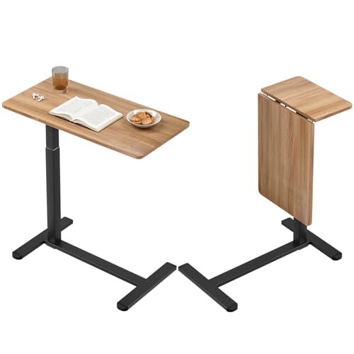 サイドテーブル ガス圧昇降 昇降式デスク高さ 在宅ワーク PCデスク幅80cm 高さ無段階調節 介護用 ベッドテーブル (A (茶色))
