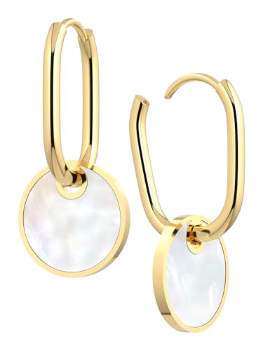 THIORA 'Pearl Oasis' Creolen Gold Damen | Echte Perlmutt Plättchen | Premium Edelstahl Ohrringe | Naturverbundene Eleganz, Geschenk mit Herz