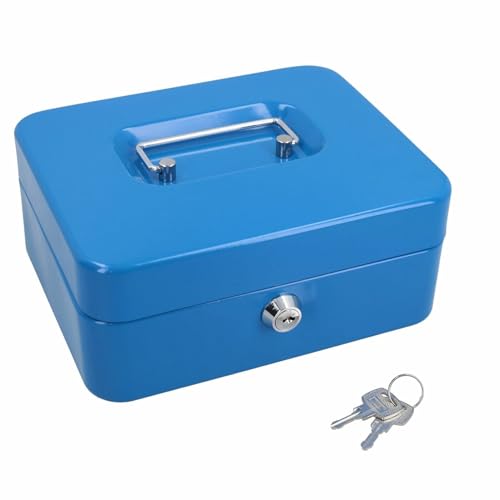 Primes DIY 8inch Metal Cash Box Steel Petty Cash Box Supplied with 2 Keys and Removable Change Tray in Black and Blue Perfect Secure Storage for Loose Change (Blue)