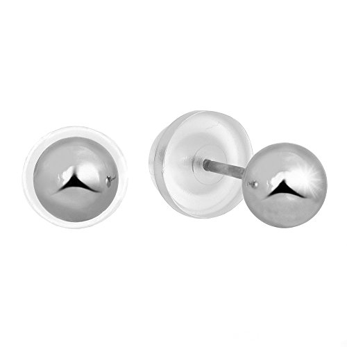 14k Real White Gold Stud Ball Earrings W/Silicone Pushbacks - 5 mm