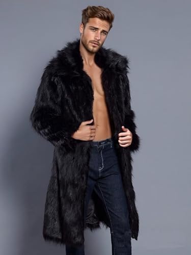 Image of FTIMILD Men's Long Faux Fur Coat Single Breasted Warm Winter Trench Coat Fluffy Thick Overcoat