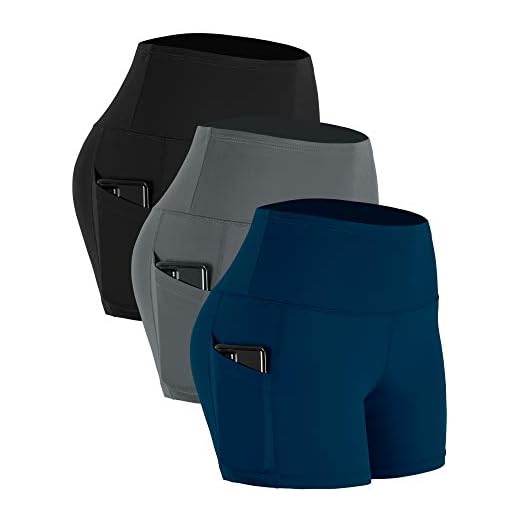 CADMUS Women's High Waist Yoga Shorts Spandex Running Side Pockets, 16#, Navy & Grey & Black,Small