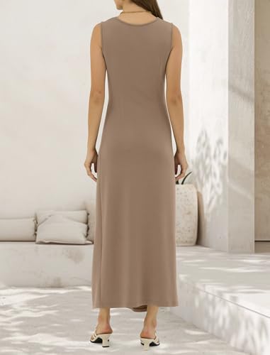 ZAFUL Women's 2026 Summer Ruched Casual A Line Maxi Dress Spring Sleeveless Split Elegant Cocktail Party Long Dresses (Khaki, Large) — view 5