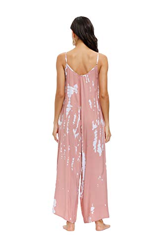 Wexcen Womens Floral Printed Jumpsuits Casual Sleeveless Spaghetti Strap Rompers Wide Leg Pants With Two Pockets (Salmon Tie Dye,L) #TOP1