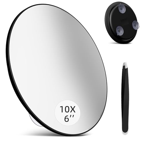 saiggnyy Large 6" 10x Magnifying Mirror with Tweezers, Travel Magnified Mirror 10x with Suction Cups, Magnification Travel Magnifying Mirrors, Round Magnified Make up Mirror