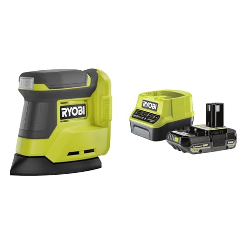 Ryobi - Ponceuse triangulaire 18V - diamètre d'oscillation 1,8 mm - patin 100 x 140 mmm - 22 000 osc/min - Livrée avec 13 abrasifs - 1 batterie 2Ah et 1...