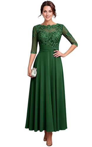 Emerald Green Mother of The Bride Dresses for Wedding 2026 Chiffon Fancy Scoop Neck Lace Applique Mother of The Groom Dresses A Line Mature Prom Dress Boho Half Sleeve Evening Party Gown Long 12