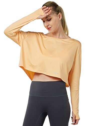 Gramval Women's Workout Cropped Long Sleeve T Shirts, Running Crew Neck Shirt With Thumb Hole Dri Fit Orange Xl #TOP14