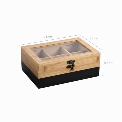 Foto von Kesper® | Tee-Box, Material: FSC®-zertifizierter-Bambus – 6 Fächer – mit Sichtfenster & Retro-Verschluss – Teebox zur Aufbewahrung, Maße: 21,5x15x8,5 cm – ohne Tee, Farbe: Schwarz-Natur | 58940