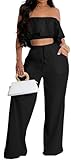 Elegant Two Piece Sets for Women Vacation Sexy Black Off The Shoulder Top Wide Leg Pants Swimwear Cover Ups Beach with Drawstring(Small)