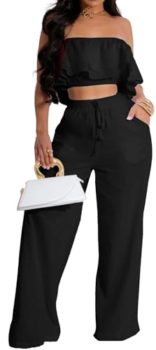 Elegant Two Piece Clothing Sets for Women Sexy Crop Top Long Wide Leg Pants Swimwear Bikini Coverups Vacation Beach