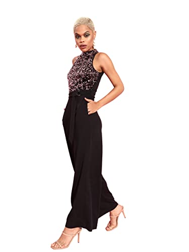 Image of Miss Chase Womens Halter Neck Sleeveless Embellished Regular-Length Jumpsuit