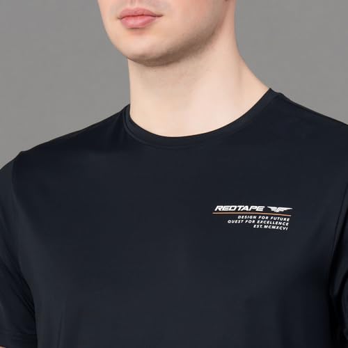 Image of Red Tape Printed Black Activewear T-Shirt for Men | Anti Microbial | High Stretch | Quick Dry
