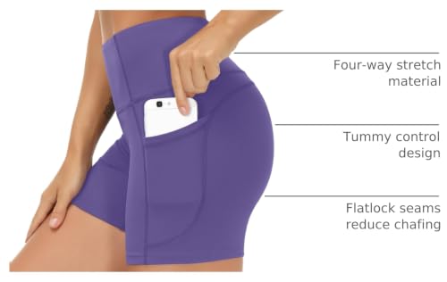 Image of THE GYM PEOPLE High Waist Yoga Shorts for Women's Tummy Control Fitness Athletic Workout Running Shorts with Deep Pockets