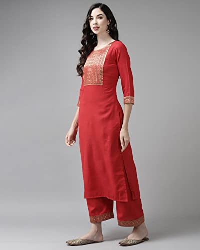 Image of INDO ERA Women's Cotton Blend Yoke Design Straight Kurta with Pant & Dupatta Set