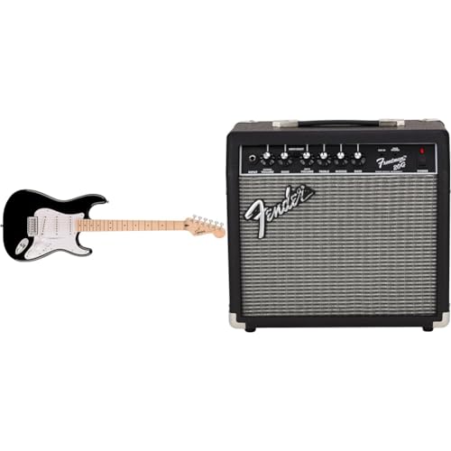 Squier by Fender Sonic Stratocaster Electric Guitar Bundle in Black. Frontman 20G Amplifier, Tuner, Cable, Strap, Picks, Stand, Gigbag and Fender Play Online Tuition included