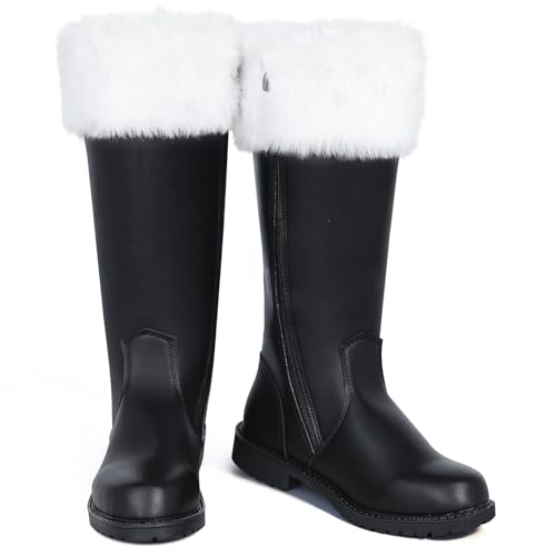 SOMOYA Christmas Santa Claus Boots for Men Women Santa Boots Men Christmas Shoes Adult Black for Cosplay Shoes with White Plush Cuffs